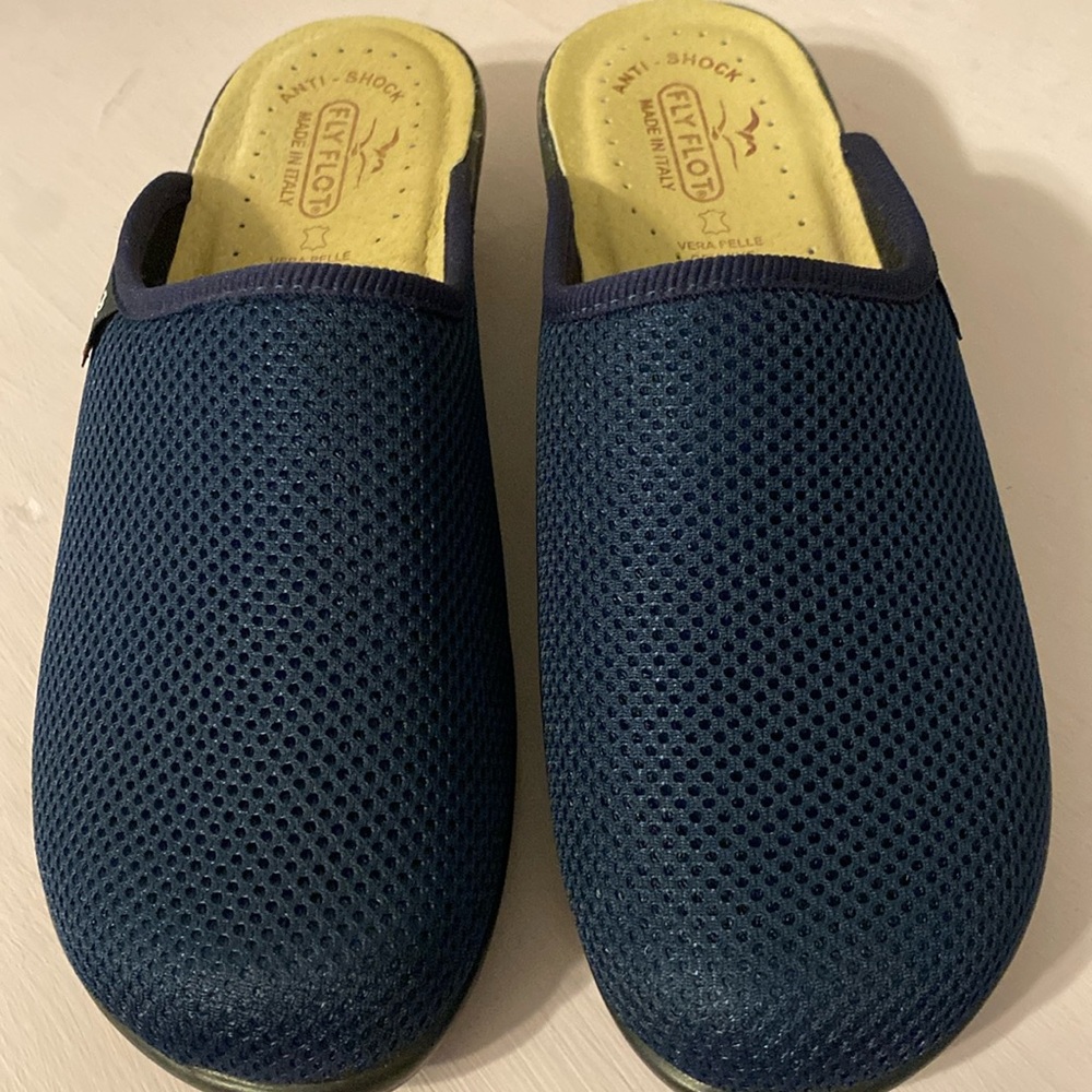 FLY FLOT Blue Slide on Clogs Vera Pelle Leather Insole Made in Italy